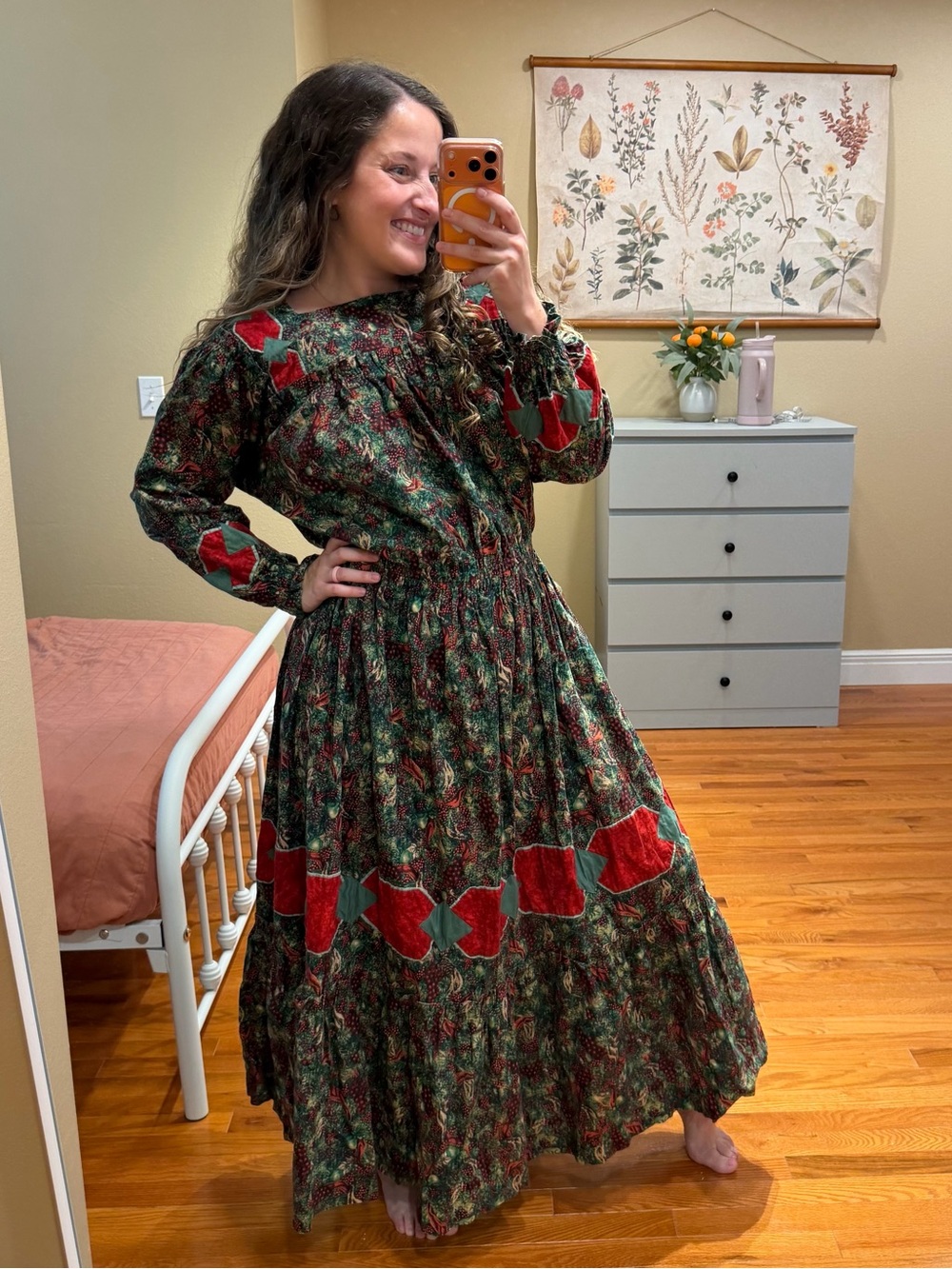 Vintage Boho Handmade Quilted Christmas Holiday Maxi Dress M/L